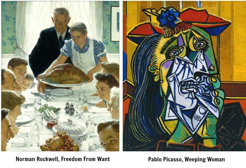 norman rockwell, freedom from want and pablo picasso, weeping woman