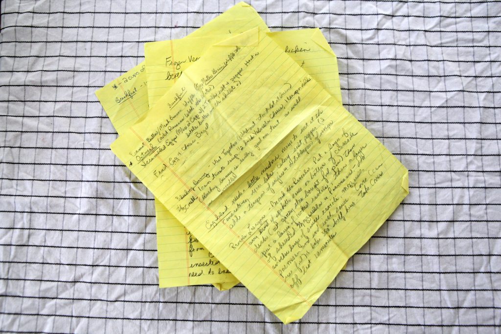 mom's recipes on yellow ledger paper