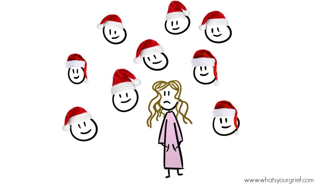 drawing of stick figure sad woman surrounded by  happy, merry faces wearing santa hats