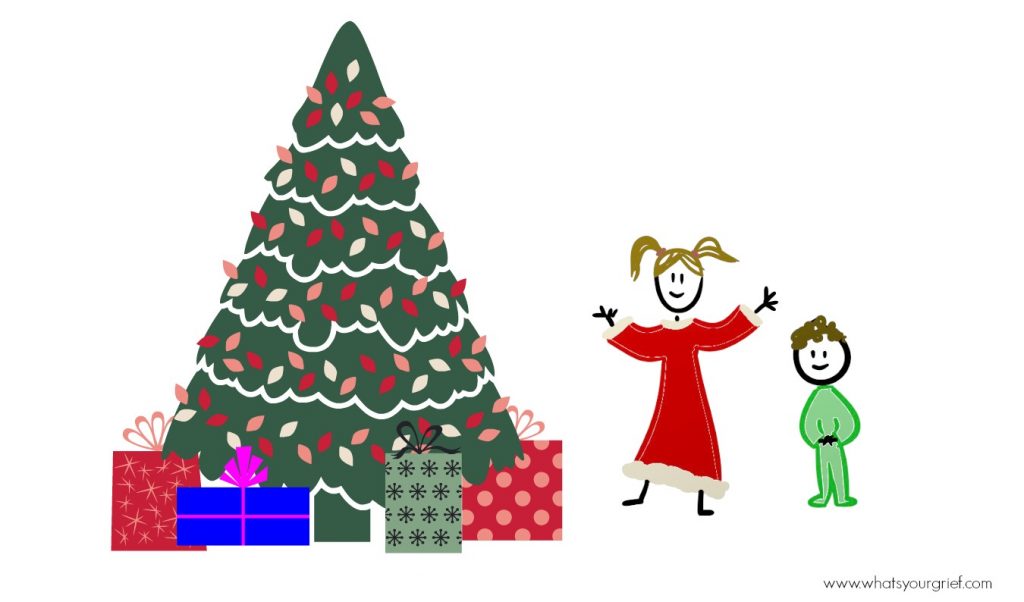 drawing of stick figure children by christmas tree with presents on christmas morning
