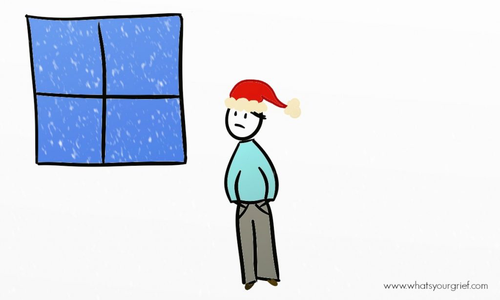 drawing of stick figure man staring out window while it snows