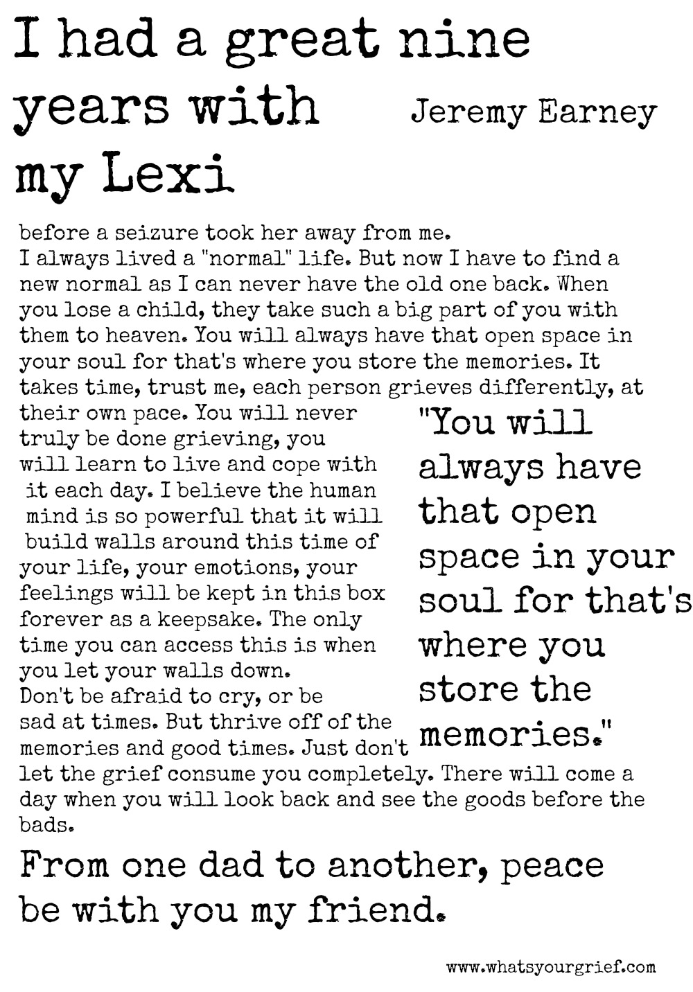 Jeremy Earney; I had a great nine year with my Lexi; letter from a grieving dad